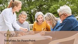  Presentation with solving - Slides featuring group-of-happy-senior-friends background and a coral colored foreground