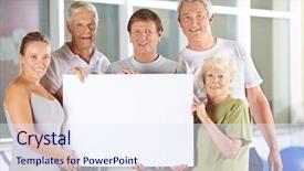  Presentation with holding people in hands - Presentation featuring group of happy senior people background and a sky blue colored foreground