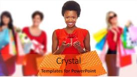  Presentation with group of happy couples - Beautiful slide deck featuring group of happy shopping customers backdrop and a  colored foreground