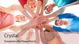  Presentation with diversity hands - Presentation theme with group of happy smiling different background and a coral colored foreground