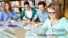  Presentation with knowledge - PPT layouts featuring group of happy students reading background and a cool aqua colored foreground