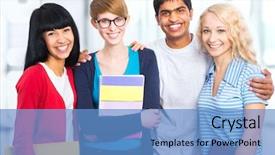 Presentation with students - Colorful presentation design enhanced with group of happy students backdrop and a teal colored foreground
