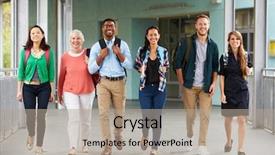  Presentation with teachers - Colorful slide set enhanced with group of happy teachers walking backdrop and a  colored foreground