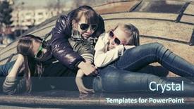  Presentation with teen girls - Presentation having group of happy teen girls on city street background and a ocean colored foreground