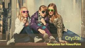  Presentation with teen girls - Amazing PPT layouts having group of happy teen girls in a city street backdrop and a tawny brown colored foreground