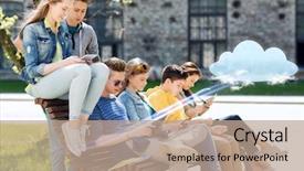  Presentation with people management word cloud - PPT theme consisting of group of happy teenage student background and a coral colored foreground