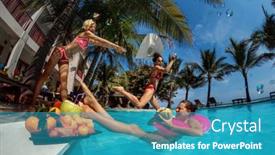  Presentation with youth group - PPT theme having group-of-happy-women-jumping background and a teal colored foreground