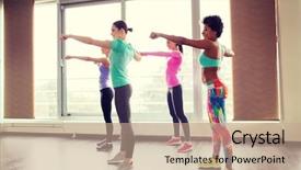  Presentation with group training - Slides enhanced with group of happy women work background and a coral colored foreground