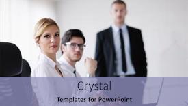  Presentation with business group meeting - Slides consisting of group of happy young business people in a meeting at office background and a light blue colored foreground