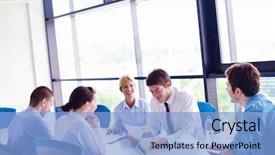  Presentation with young business people - Theme consisting of group of happy young business background and a light blue colored foreground