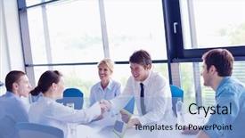  Presentation with business group meeting - Presentation theme consisting of group of happy young business people in a meeting at office background and a light blue colored foreground