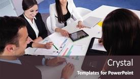  Presentation with business group meeting - Beautiful presentation theme featuring group of happy young business people in a meeting at office backdrop and a tawny brown colored foreground