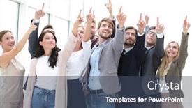  Presentation with upwards - Presentation design consisting of group-of-happy-young-business background and a ocean colored foreground