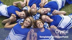  Presentation with circle - Slide deck featuring group of happy young cheerleaders background and a ocean colored foreground