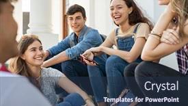  Presentation with millenials - Beautiful PPT theme featuring group-of-happy-young-friends backdrop and a tawny brown colored foreground