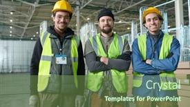  Presentation with factory workers - PPT theme featuring group-of-happy-young-intercultural and a tawny brown colored foreground