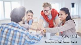  Presentation with managers - Audience pleasing slides consisting of group of happy young managers making pile of hands over workplace during meeting backdrop and a light blue colored foreground
