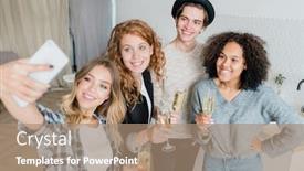  Presentation with multicultural - Amazing presentation theme having group of happy young multicultural friends with champagne making selfie while enjoying home party in the kitchen backdrop and a coral colored foreground