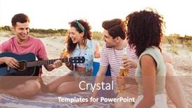  Presentation with sand play - Slide deck having group of happy young multiracial friengs 20s in summer clothes sitting on sand and listening to guitar play while drinking beer background and a coral colored foreground