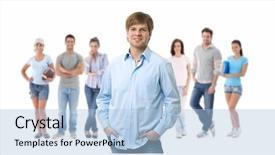  Presentation with young happy people smiling - Colorful slide deck enhanced with group-of-happy-young-people backdrop and a light blue colored foreground
