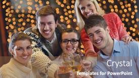  Presentation with disco - PPT theme featuring group of happy young people drink wine at party disco restaurant background and a tawny brown colored foreground