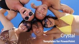  Presentation with joy - Cool new slides with group of happy young people have fun and joy at the white sand beach on beautiful summer day backdrop and a tawny brown colored foreground