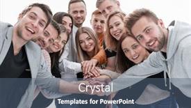  Presentation with people unity - Beautiful PPT layouts featuring group-of-happy-young-people backdrop and a ocean colored foreground