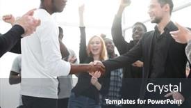  Presentation with leaders - Audience pleasing presentation design consisting of group-of-happy-young-people backdrop and a dark gray colored foreground