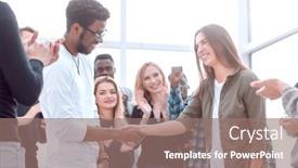  Presentation with group - Cool new PPT theme with group-of-happy-young-people backdrop and a coral colored foreground