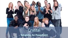  Presentation with people - Cool new PPT theme with group-of-happy-young-people backdrop and a ocean colored foreground