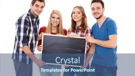  Presentation with group - Cool new presentation design with group of happy young people holding a blackboard backdrop and a ocean colored foreground