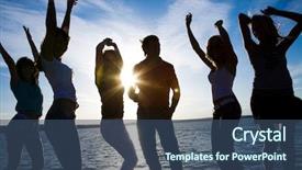  Presentation with beach party - PPT layouts featuring group of happy young people background and a ocean colored foreground