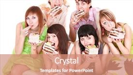  Presentation with cake - Presentation theme with group of happy young people with cake isolated background and a coral colored foreground