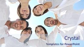  Presentation with community service happy volunteer group - Audience pleasing slide deck consisting of group of happy young people backdrop and a sky blue colored foreground