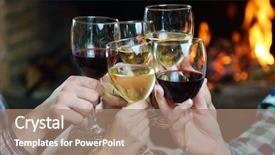 Presentation with group of happy couples - Beautiful presentation design featuring group of happy young people drink wine at party disco restaurant backdrop and a coral colored foreground