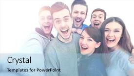  Presentation with students - Beautiful presentation design featuring group of happy young teenager backdrop and a light blue colored foreground