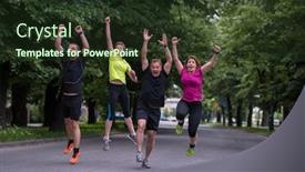  Presentation with team training - Slide set featuring group of healthy runners team jumping in the air at city park during morning training background and a tawny brown colored foreground