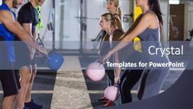  Presentation with athletes - PPT theme featuring group of healthy young athletes doing exercises with kettlebells at a studio background and a seafoam green colored foreground