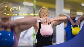  Presentation with athletes - PPT theme enhanced with group of healthy young athletes doing exercises with kettlebells at cross fitness studio background and a tawny brown colored foreground