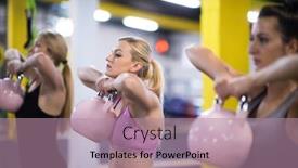  Presentation with athletes - Colorful presentation design enhanced with group of healthy young athletes doing exercises with kettlebells at cross fitness studio backdrop and a coral colored foreground