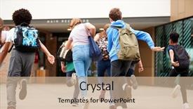  Presentation with school building - Presentation theme featuring group of high school students background and a coral colored foreground