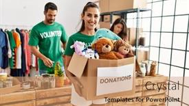  Presentation with working woman - Presentation theme with group-of-hispanic-volunteers-working background and a coral colored foreground