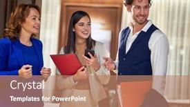  Presentation with coworkers - Presentation design featuring group-of-hotel-coworkers-working background and a coral colored foreground
