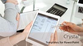  Presentation with electronic - PPT theme consisting of group of humans discussing electronic financial document on display of digital tablet at working meeting background and a coral colored foreground