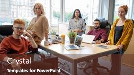  Presentation with group discussion - Presentation theme having group-of-intercultural-business-people background and a tawny brown colored foreground