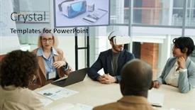  Presentation with points - Presentation theme having group-of-intercultural-colleagues-discussing background and a light blue colored foreground