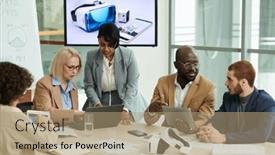  Presentation with coworkers - PPT theme featuring group-of-intercultural-coworkers background and a  colored foreground