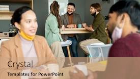  Presentation with intercultural - Slides with group-of-intercultural-happy-office background and a coral colored foreground