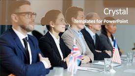  Presentation with international - Presentation theme with group of international representatives background and a coral colored foreground