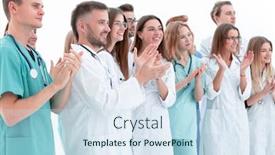  Presentation with interns - Cool new PPT theme with group-of-interns-doctors-standing backdrop and a sky blue colored foreground